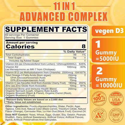 Vitamin D3 K2 Gummies 5000IU / 10,000 IU with Omega-3 250mg+K2(MK-7) 100mcg -5X Absorption Than Standard D3K2,with Vitamin C,Zinc,and 5 Organic Vegetables,Supports Bone & Teeth Strength, Immune,1 Pack