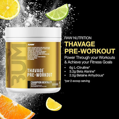 RAW Pre Workout Powder, Thavage (Champion Mentality) - Chris Bumstead Sports Nutrition Supplement for Men & Women - Cbum Pre Workout for Working Out, Hydration, Mental Focus & Energy - 40 Servings