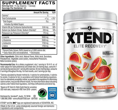 Xtend Original BCAA Powder, 7g BCAAs and 2.5g L-Glutamine for Muscle Recovery Hydration and Lean Muscle, Sugar Free Intra and Post Workout Drink with Electrolytes, Italian Blood Orange, 30 Servings