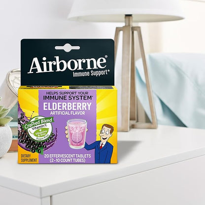 Airborne Elderberry Extract + Vitamin C 1000mg (per Serving) - Effervescent Tablets (20 Count in a Box), Gluten-Free Immune Support Supplement, with Vitamins A C E, Zinc, Selenium, Sugar Free