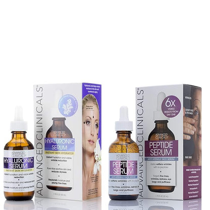 Advanced Clinicals Hyaluronic Acid Moisturizer Face Serum + Collagen Peptide Facial Serum Skin Care Set | Hydrating Serums For Diminishing Appearance Of Wrinkles, Dry Skin, Fine Lines, Set Of 2