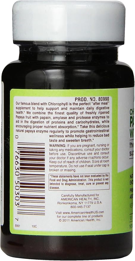 American Health Papaya Enzyme with Chlorophyll Chewable Tablets Promotes Nutrient Absorption, Helps Digestion and Freshens Breath, Gluten-Free, Vegetarian - 100 Count (Pack of 2)