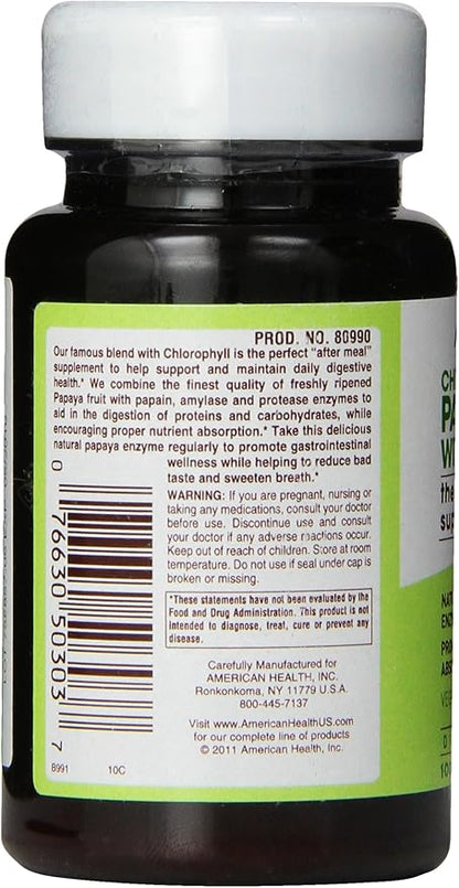 American Health Papaya Enzyme with Chlorophyll Chewable Tablets Promotes Nutrient Absorption, Helps Digestion and Freshens Breath, Gluten-Free, Vegetarian - 100 Count (Pack of 2)