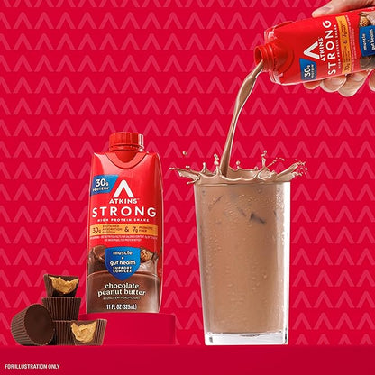 Atkins Strong High Protein Shake, Chocolate Peanut Butter Flavor, 30g Protein, GLP-1 Support, Low Carb and Low Sugar Shake, Keto Friendly, Gluten Free, Muscle and Gut Health Support, 12 Count