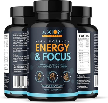 Energy and Focus - Extra Strength 200mg Caffeine and Lions Mane Mushroom Supplement, 60 Capsules - with Alpha GPC, L-Theanine, L-Tyrosine to Support Brain Function and Concentration