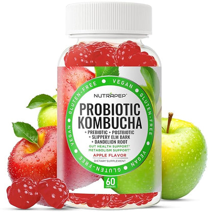 NutraPep Probiotic Kombucha Gummies - Women Men Probiotic Prebiotic Probiotic Blend for Gut Health Bloating Metabolism Support with Slippery Elm Bark Dandelion Root - Vegan Gluten Free Apple Flavor