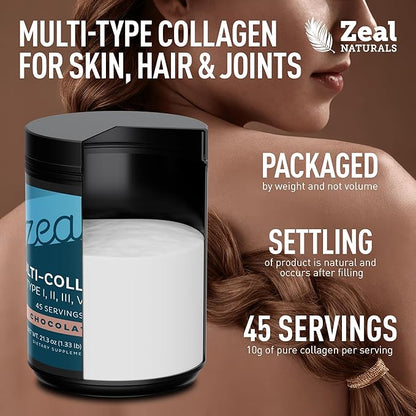Zeal Naturals Multi Collagen Protein Peptides Powder Types I II III V X - Vitamin C, Biotin & Hyaluronic Acid - Hair, Skin & Nails - Marine, Bovine, Chicken & Eggshell - Chocolate, 45 Servings