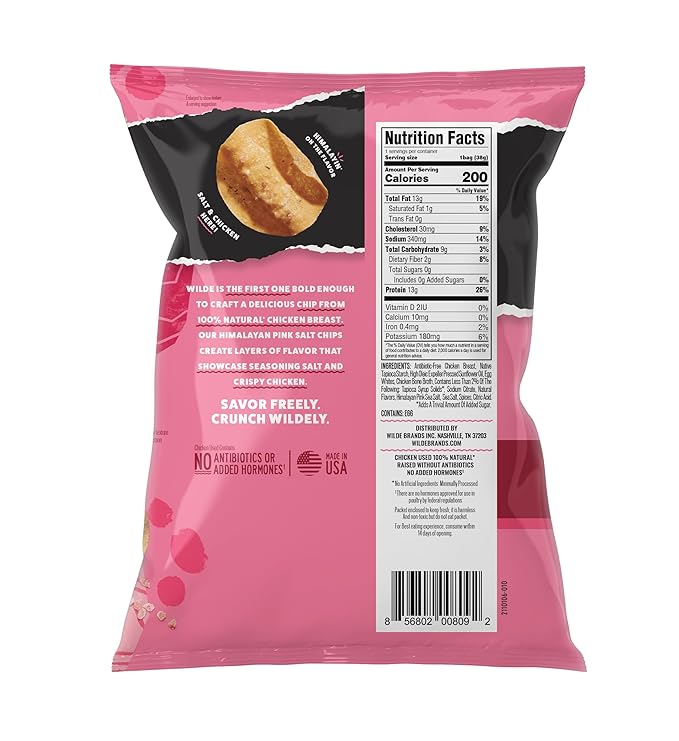 WILDE Himalayan Pink Salt Protein Chips, Thin and Crispy, High Protein, Keto Friendly, Made with Real Ingredients, 1.34oz Bags (Pack of 8)