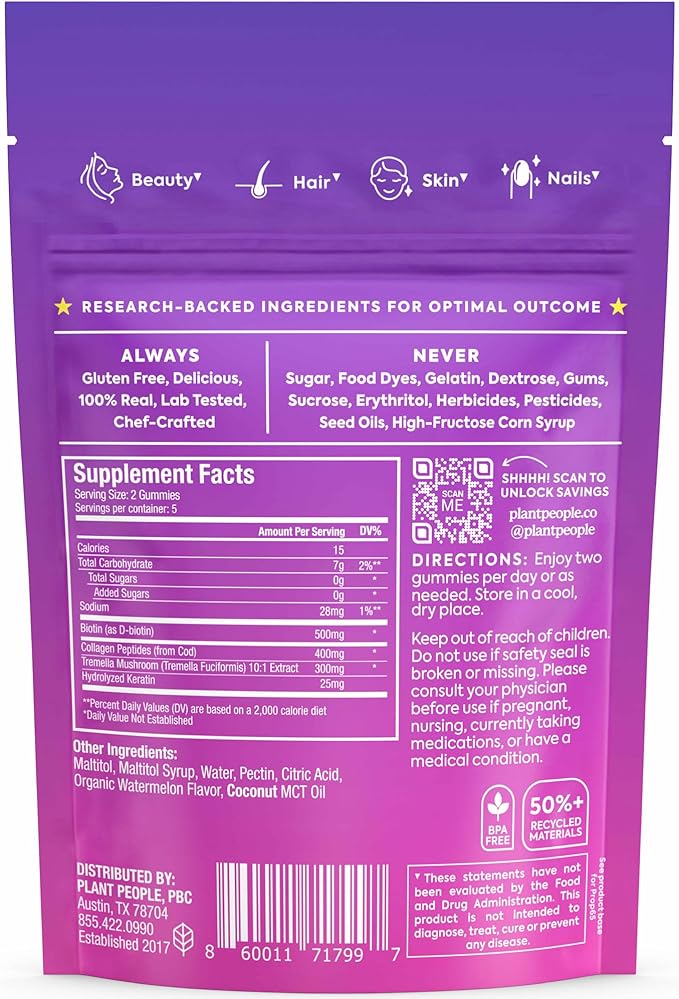 Plant People WonderBeauty Hair, Skin & Nails Rejuvenation Gummies with Tremella Mushroom, Collagen Peptides, Keratin, & Biotin – Watermelon Flavor, 10 Gummies