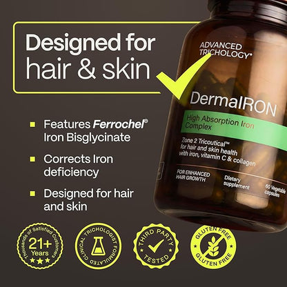 Advanced Trichology DermaIRON Iron Supplement for Women & Men – Gentle Iron for Low Ferritin & Anemia Support, Hair Thinning & Hair Loss Support, with Collagen & Vitamin C (Pack of 2)
