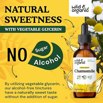 Wild & Organic Chamomile Tincture - Add to Tea for Relaxation Support - 500 mg Chamomile Flowers Drops - Mood Support Herbal Supplement - 28-Day Supply - Vegan, Sugar & Alcohol-Free - 2 fl oz