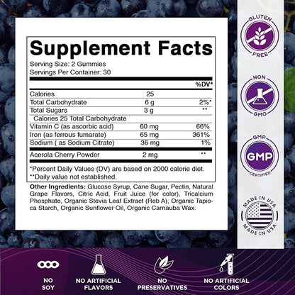 Vitamatic Iron 65 mg Gummies Supplement for Women & Men - 60 Vegan Gummies - Great Tasting Iron Gummy Vitamins with Vitamin C (2)