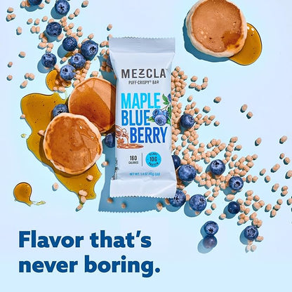 Mezcla Puff-Crispy Plant Based Protein Bars - Maple Blueberry - Healthy Snacks for Adults & Kids - Granola Bars for School, Travel, Office Snacks - Gluten Free, Vegan, Non GMO, 10g Protein - 12 Count