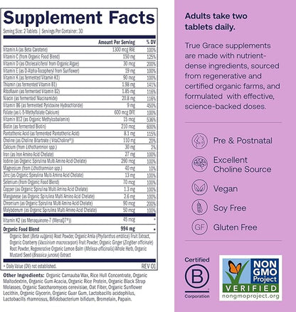 True Grace Prenatal Multivitamin - 30 Servings - Supports a Healthy Mom & Baby with Methylfolate & Choline for Fetal Brain Development - Gluten Free, Soy Free - 60 Vegan Tablets
