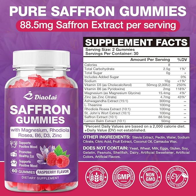 Max Strength Saffron Gummies 88.5mg with Magnesium, St. John's Wort & Rhodiola for Mood Support, Focus - Sugar-Free, 60 Count