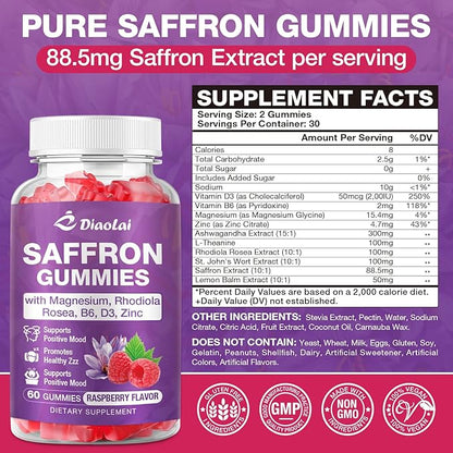 Max Strength Saffron Gummies 88.5mg with Magnesium, St. John's Wort & Rhodiola for Mood Support, Focus - Sugar-Free, 60 Count
