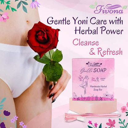 FIVONA Set of 5 Gentle Pink Yoni Herbal Soap Bars Ideal for Feminine Wash and Whole Body Cleanse Infused with Natural Ingredients - 5x 5.3 oz - Includes Exfoliating Scrubber Foaming Net