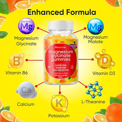 BionerLab Magnesium Glycinate Chewable Gummies (600mg) for Kids & Adults Women Men - Vegan Complex with Calcium Potassium Vitamin D B6 L-Theanine - Sugar & Gluten Free - Orange Flavor