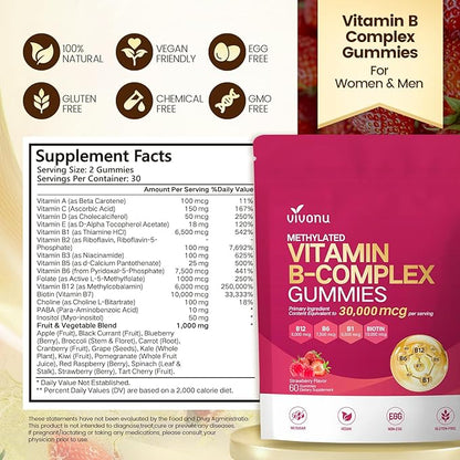 VivoNu Vitamin B Complex Gummies, 6000 mcg Methylated Vitamin B12, with B6 B1, B2, B3, B5, B7, Methylfolate, Vitamins A C D E, Vegan, Non GMO, Methylated B Complex Vitamin (2 Bag)