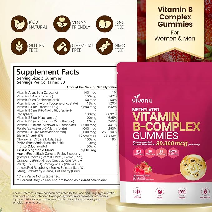 Vitamin B Complex Gummies, 6000 mcg Methylated Vitamin B12, with B6 B1, B2, B3, B5, B7, Methylfolate, Vitamins A C D E, Vegan, Non GMO, Methylated B Complex Vitamin - 60 Gummies