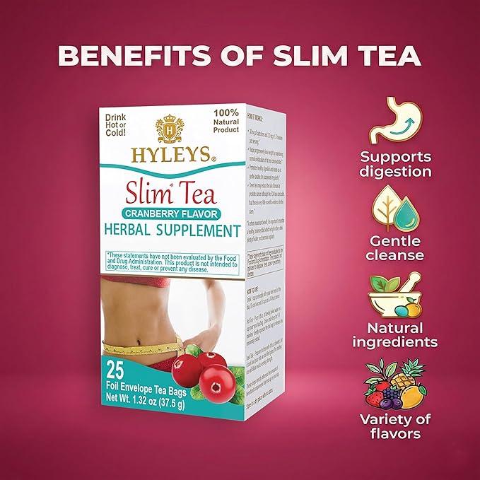 Hyleys Slim Tea Cranberry Flavor - Weight Loss Herbal Supplement Cleanse and Detox - 25 Tea Bags (6 Pack)
