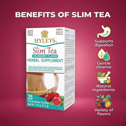 Hyleys Slim Tea Cranberry Flavor - Weight Loss Herbal Supplement Cleanse and Detox - 25 Tea Bags (12 Pack)