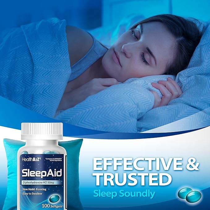 HealthA2Z Sleep Aid, Diphenhydramine Softgels, 50mg, Supports Deeper, Restful Sleeping, Non Habit-Forming (100 Counts)