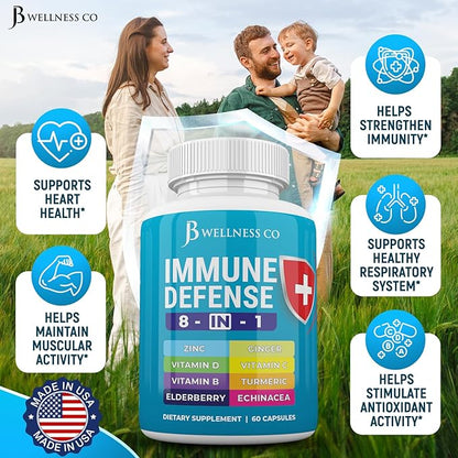 Immune Support 8 in 1 Capsules - Zinc Supplement, Vitamin D3, Vitamin C and Elderberry - Immune Booster Supplement with Echinacea, Ginger Root, and Turmeric - [3-Pack, 180 Count]