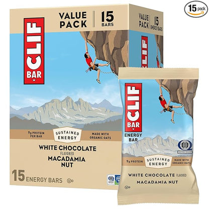CLIF BAR - Energy Protein Bars - White Chocolate Macadamia Nut - Made with Organic Oats - Energy Bars - Non-GMO - (15 Pack)