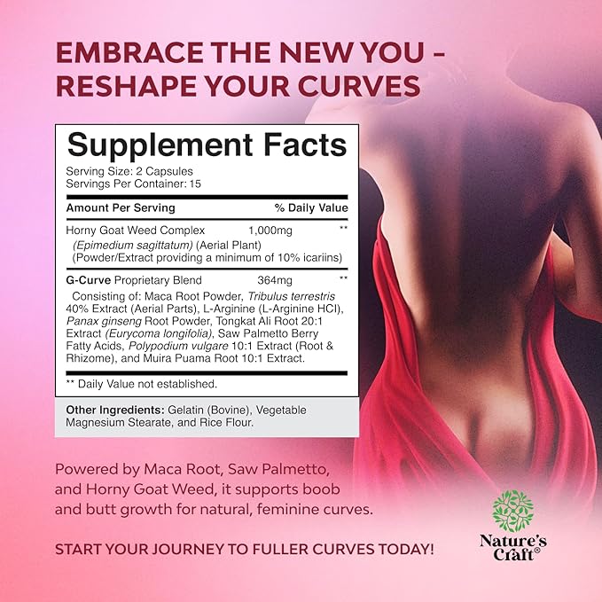 G-Curve Butt and Breast Growth Capsules - Horny Goat Weed, Muira Puama & Maca Root for Butt Growth Support - Advanced Herbal Formula - Supports Bigger Butt & Bigger Breast - Easy to Swallow - 30 Count