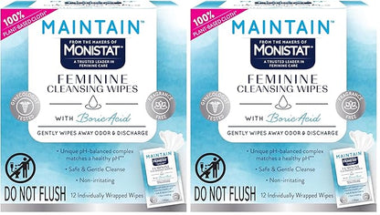 Monistat Feminine Wipes, 12 Ct, Pack of 2 | With Boric Acid | Fragrance Free