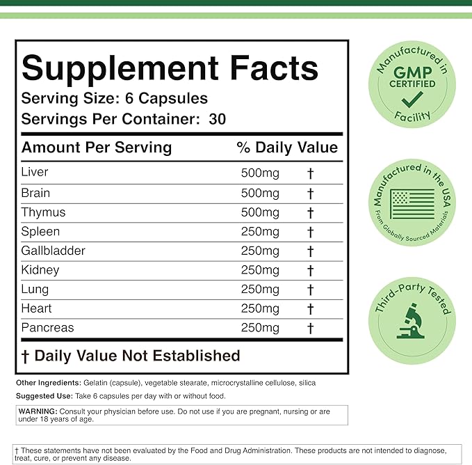 Grass Fed Beef Organ Complex (3,000mg per Serving, 180 Capsules, 1 Month Supply) Supplement for Digestion, Immune Health, Energy, and Wellness by Double Wood