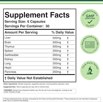 Grass Fed Beef Organ Complex (3,000mg per Serving, 180 Capsules, 1 Month Supply) Supplement for Digestion, Immune Health, Energy, and Wellness by Double Wood