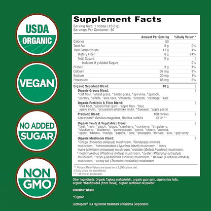 Country Farms Super Greens Natural Flavor, 50 Organic Super Foods, USDA Organic Drink Mix (Wheat Grass, Spirulina, Chlorella) Mushrooms & Probiotics, Fiber, Gut Health, Natural Energy, 30 Servings