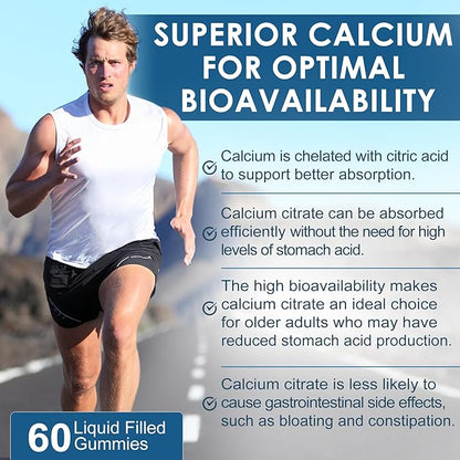 Calcium Citrate Vitamin D3 1000IU Gummies for Women & Men, Sugar Free Bone Health Complex with Calcium, Magnesium, Zinc Potassium & B6, High Absorption, Teeth, Leg Cramp & Nerve Health, Vegan, 60Cts