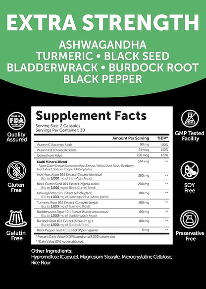 Lunakai USA Made Irish Sea Moss Capsules with Black Seed Oil, Ashwagandha, Burdock Root & Bladderwrack, 60ct