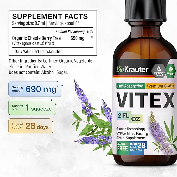 BIO KRAUTER Vitex Chasteberry Supplement for Women & Menopause Support* - 2 Fl.Oz 28 Days of Supply - Pure Vegan Vitex Berry Tincture - Alcohol & Sugar Free, Non-GMO - Relaxation & Women's Wellness