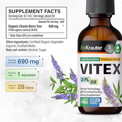 BIO KRAUTER Vitex Chasteberry Supplement for Women & Menopause Support* - 2 Fl.Oz 28 Days of Supply - Pure Vegan Vitex Berry Tincture - Alcohol & Sugar Free, Non-GMO - Relaxation & Women's Wellness