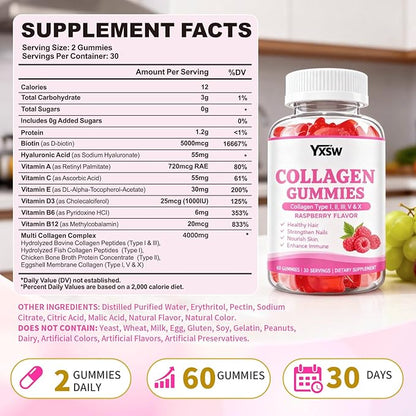 Collagen Gummies for Women Men, Hydrolyzed Collagen Protein Type I II III V X with Biotin Vitamin C A B D E Hyaluronic Acid for Hair, Skin, Nails, Joint, Immune Support, Raspberry Flavor, 60 Count