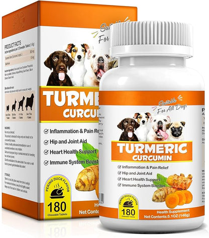 Uruses Turmeric Curcumin for Dogs, Hip & Joint Support, Heart Health Support, Immune System Booster, Dog Joint Supplement for All Ages Breeds & Sizes, 180 Chewable Tablets, Peking Duck Flavor