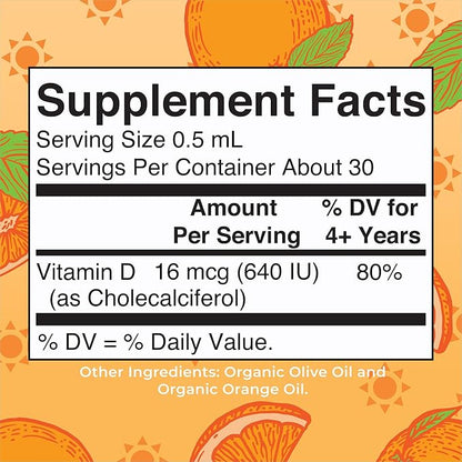 MARYRUTH'S USDA Organic Vitamin D3 Liquid Drops for Kids | 640 IU Vitamin D3 Per Serving | Kids Immune Support & Bone Health Supplement | Formulated for Ages 4-13 | 0.5oz | 30 Servings