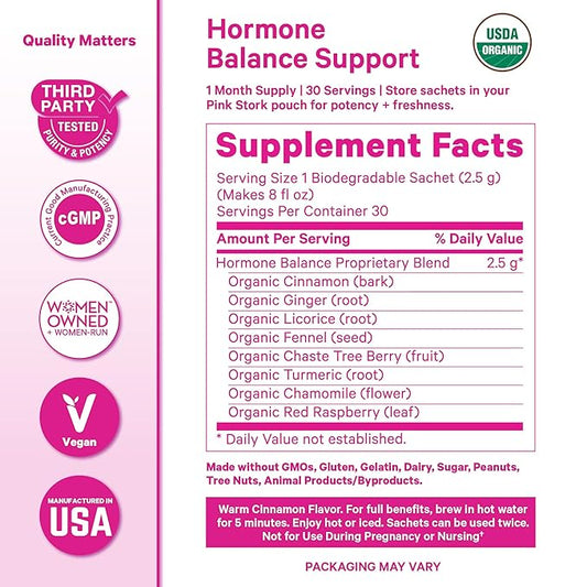 Pink Stork Hormone Balance Tea for Women – Red Raspberry Leaf & Chasteberry (Vitex) – Organic Herbal Tea for PMS, Menstrual Cycle & Perimenopause Support – Caffeine-Free Cinnamon Blend – 30 Cups
