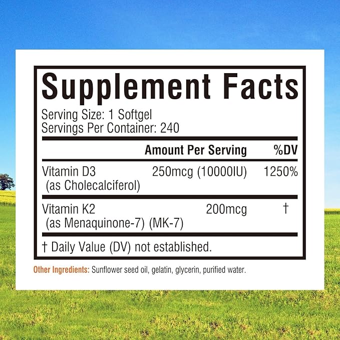 Innate Vitality Vitamin D3 K2 Supplement, High Potency Vitamin D3 10000 IU & Vitamin K2 (MK-7) 200 mcg, Supports Bone, Teeth, Heart & Immune Health, Non-GMO, Gluten Free, 240 Softgels