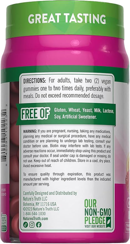 Nature's Truth Hair Skin and Nails Gummies | 80 Count | 2500mcg of Biotin | Vegan, Non-GMO, Gluten Free Supplement | Vitamin for Women & Men