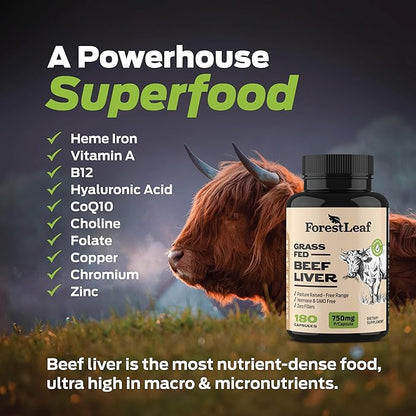 ForestLeaf Grass Fed Beef Liver Capsules, 3000mg Per Serving, Supports Immunity & Body Wellness, Cleansing, Digestion, Natural Iron, Vitamin A and B12, Freeze Dried Beef Liver Supplement, 180 Caps