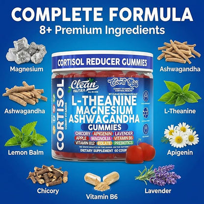 Clean Nutra Cortisol Supplement Gummies L-Theanine Magnesium Ashwagandha Apigenin Vitamin B6 Sleep and Calm Support Lavender Chicory Prebiotic Advanced Gummy Formula