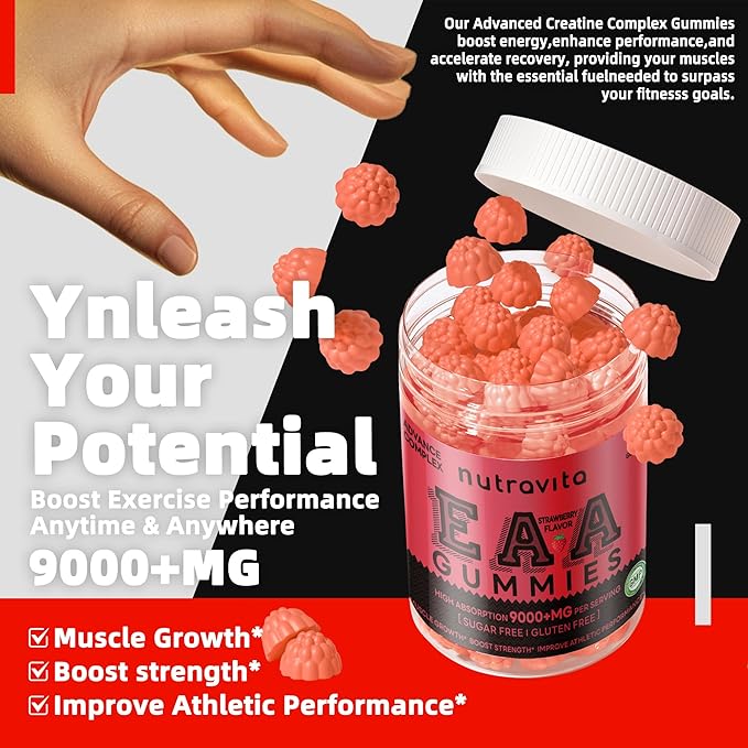 Nutravita EAA Gummies 120 Gummies (Strawberry), 9000 mg Essential Amino Acids - All 9 Essential Aminos (EAA) and All Branched-Chain Aminos (BCAAs), Non-GMO, Gluten Free, Vegetarian Friendly
