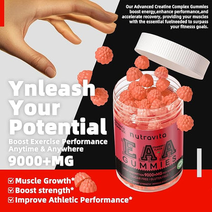 Nutravita EAA Gummies 120 Gummies (Strawberry), 9000 mg Essential Amino Acids - All 9 Essential Aminos (EAA) and All Branched-Chain Aminos (BCAAs), Non-GMO, Gluten Free, Vegetarian Friendly