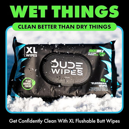 DUDE Wipes MentHOLE XXtreme Flushable Wipes - Menthol Infused Extra-Large Adult Wet Wipes - 3 Pack (144 Count) - Infused with Menthol for a Cooling Sensation - Septic and Sewer Safe