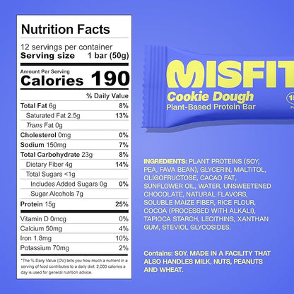 Misfits Vegan Protein Bars - Chewy Cookie Dough | Nutrition Bars - 15g Protein, 1g Sugar, Plant-based, Low Carb, Non-GMO, Gluten Free Snacks | Pack of 12